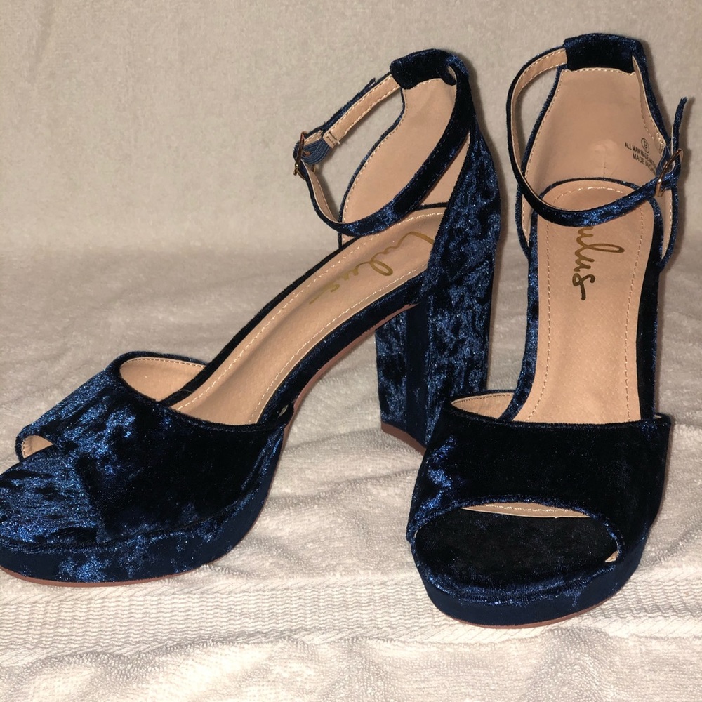 Navy velvet block heels. NEVER BEEN WORN!
